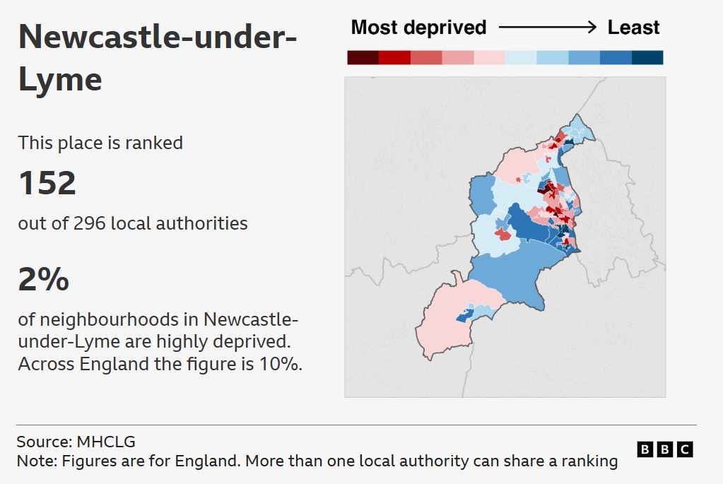 Map showing the IMD for Newcastle under Lyme