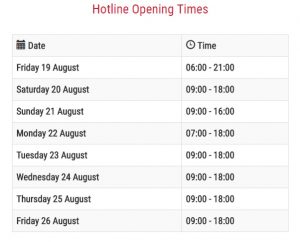 Clearing hotline opening times from 19-08-16