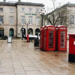 Stafford town square looking at the red telephone boxes