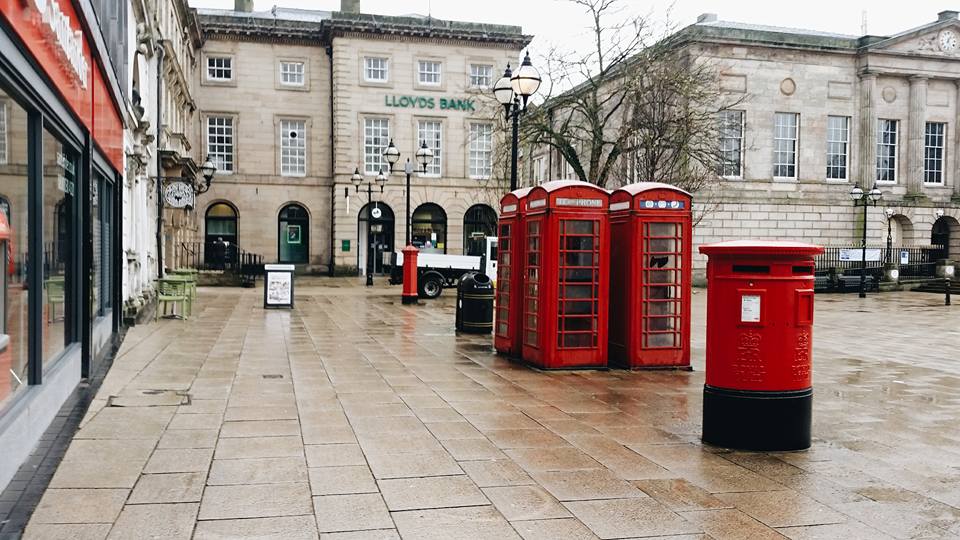 Stafford town square looking at the red telephone boxes