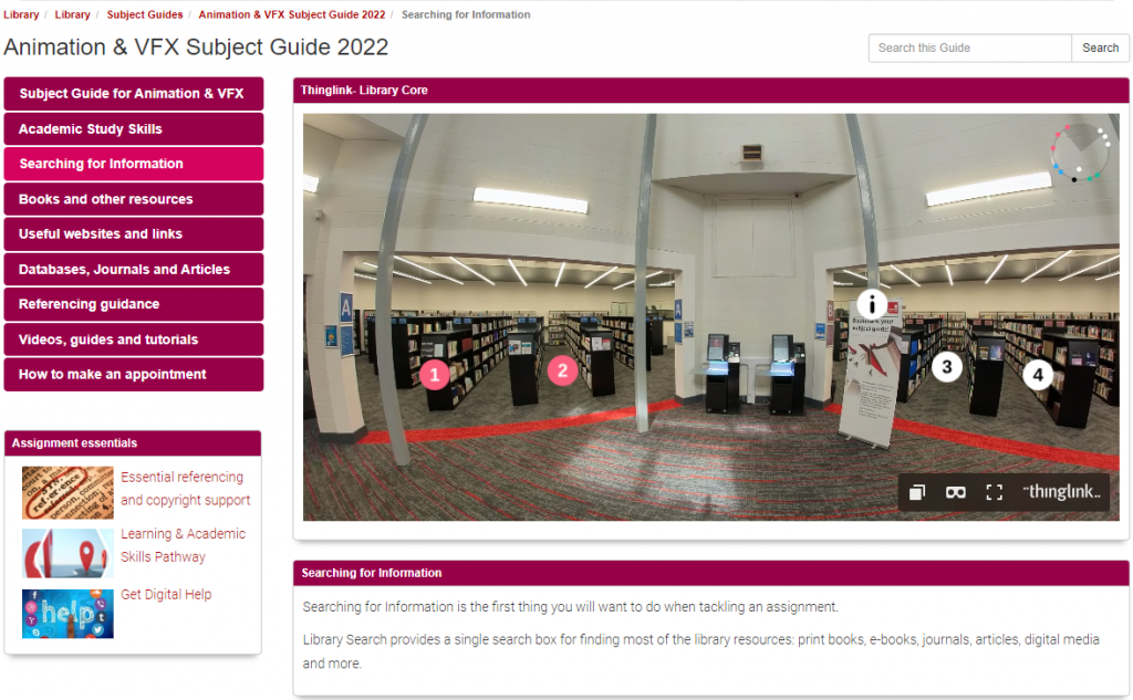 A screenshot of the Library web page titled "Animation & VFX Subject Guide 2022", with the embedded "ThingLink Library Core" taking up most of the right side of the screen. The landing image for this shows library shelves and numbered circular hotspot tags.