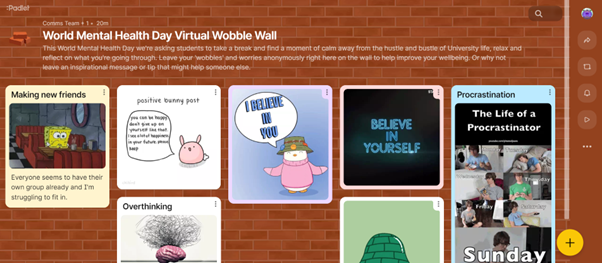 Screenshot of the Wobble Wall Padlet - several rectangular boxes containing text and images on a brick wall background.