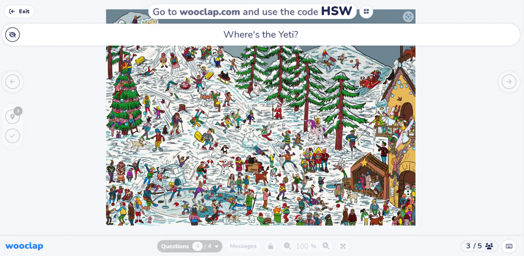 Screenshot from Wooclap polling app. The question is "Where's the Yeti?" and there is a wintry illustration underneath.