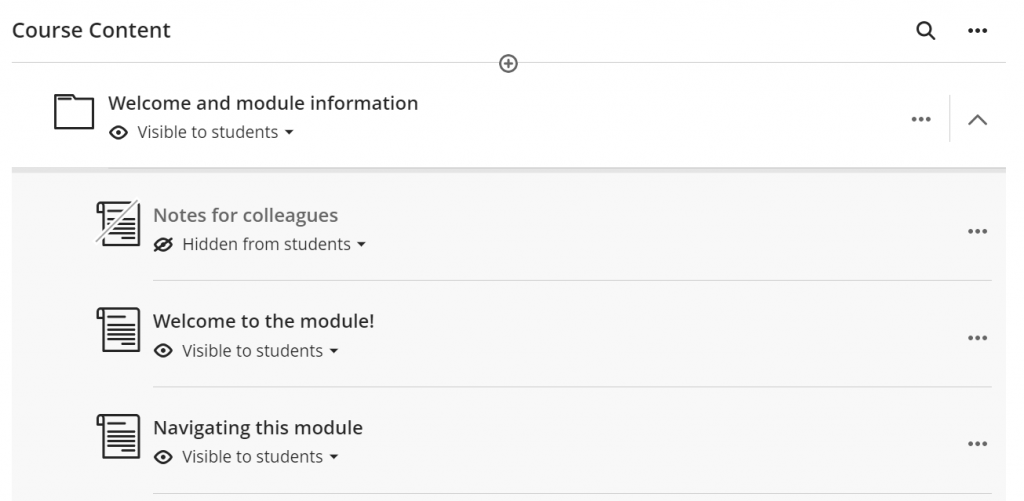 Screenshot from Course Content view in a Blackboard Ultra module showing the Welcome and module information folder open and some documents inside