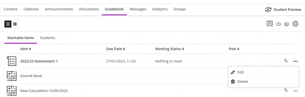 Screenshot from Blackboard Ultra module Gradebook view showing an assessment with an expired deadline, and the three dots menu giving options to Edit or Delete the item.