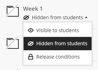 A screenshot of the visibility conditions menu for a Blackboard Ultra folder with the options Visible to students, Hidden from students and Release conditions.