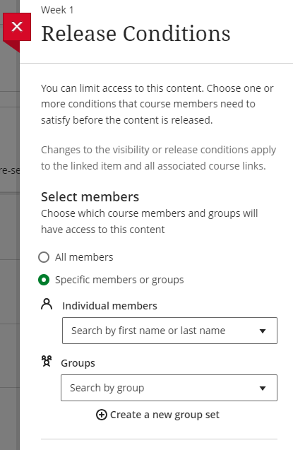 Screenshot of the top part of the Release Conditions panel for a Blackboard Ultra content item, showing the options under Select members.