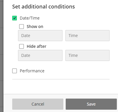 Screenshot of the bottom part of the Release Conditions panel for a Blackboard Ultra content item, showing the options under Set additional conditions, and the Cancel and Save buttons.