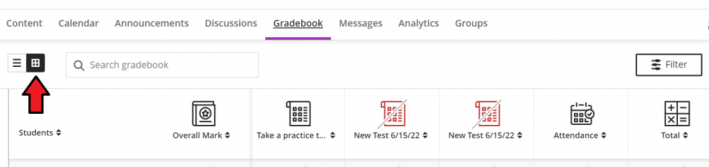 Screenshot from the Gradebook of a Blackboard Ultra module. Near the top left, an arrow is pointing to a grid icon next to a list icon to show how to toggle between the two views.