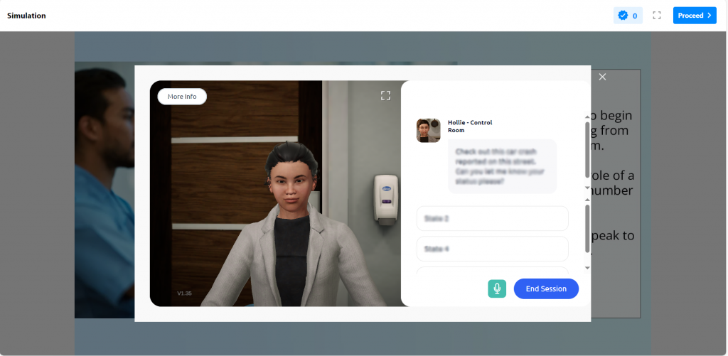 Screenshot of a virtual human called "Hollie - Control Room" from Virti embedded in a ThingLink scenario.